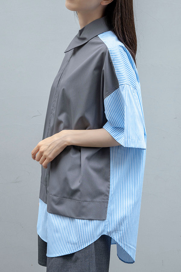 【Nora Lily】 Docking Bi-Collar Shirt<UNISEX> -GREY x Blue Stripe-223380049-12