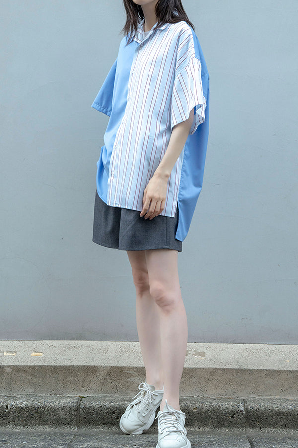 【Nora Lily】Bi-Collar Fabric Open Collar S/S Shirt<UNISEX> -BLUE x Sax&Red Stripe-223380050-90