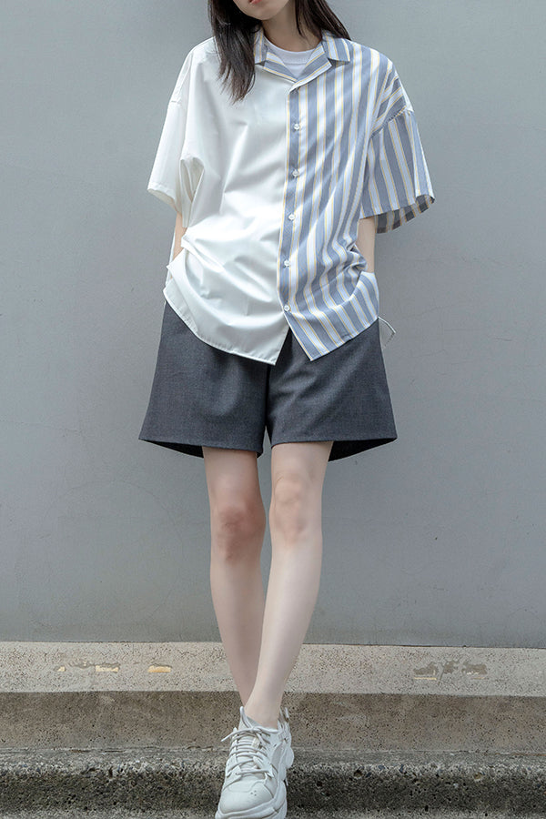 【Nora Lily】Bi-Collar Fabric Open Collar S/S Shirt<UNISEX> -WHITE x Yellow Stripe-223380050-01