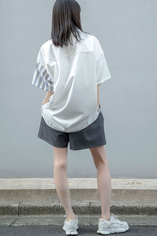 【Nora Lily】Bi-Collar Fabric Open Collar S/S Shirt<UNISEX> -WHITE x Yellow Stripe-223380050-01