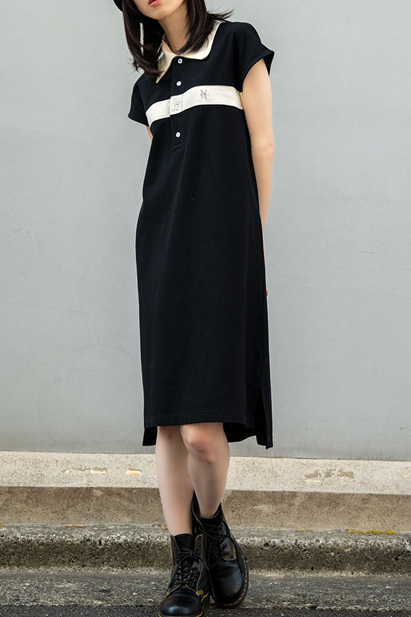 【NoraLily】Bi-Color No-Sleeve Polo One-piece-BLACK x Ivory-
