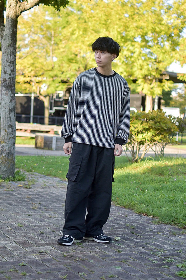 【INTERPLAY x たいが】 Combination Color Drawstring Long Sleeve Tops(UNISEX)-BLACKボーダー- 623580014-19