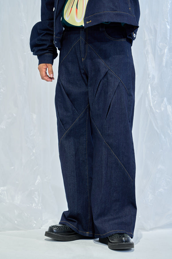 【Nora Lily】Tuck dimensional Wide Pants (UNISEX)-Indigo DENIM-224560058-92F