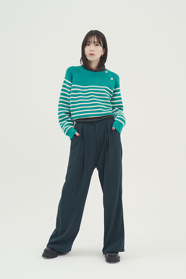 【NoraLily】Buttoned Collar Panel Border Sweater -GRN x IVO Border-