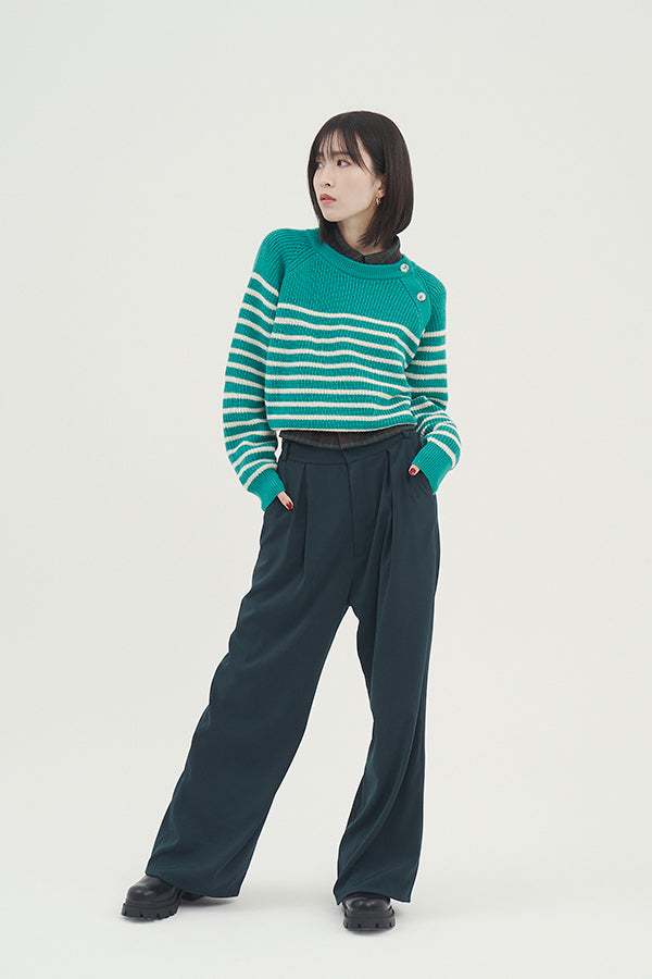 【NoraLily】Buttoned Collar Panel Border Sweater -GRN x IVO Border-