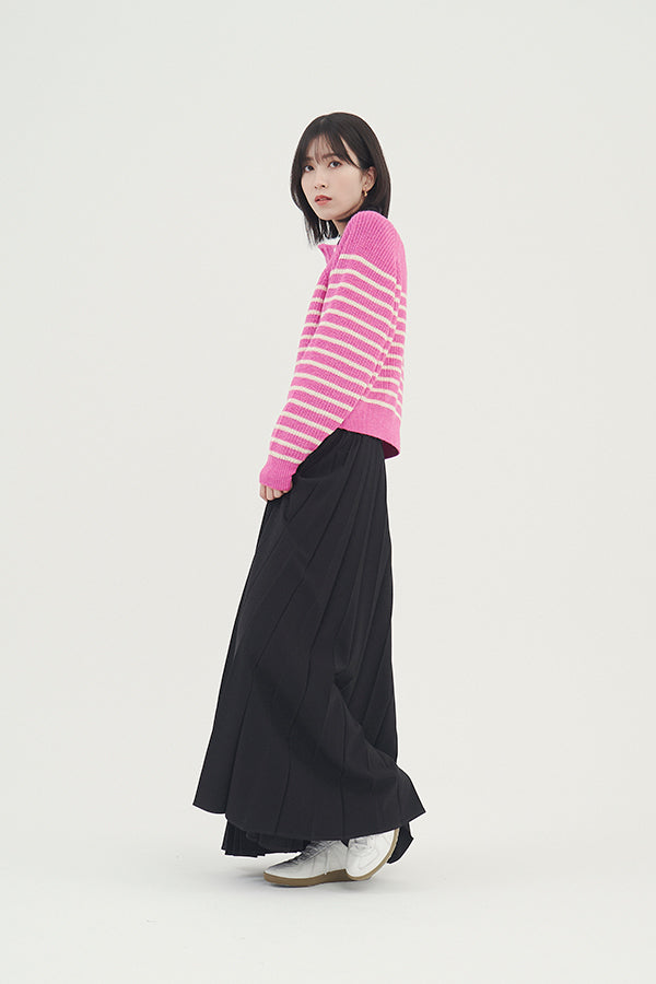 【NoraLily】Buttoned Collar Panel Border Sweater -PNK x IVO Border-