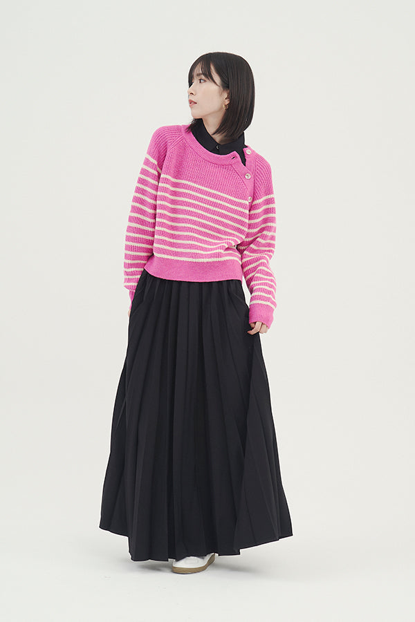 【NoraLily】Buttoned Collar Panel Border Sweater -PNK x IVO Border-