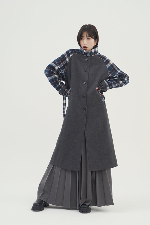 【NoraLily】Warm Stand Collar Coat with Color Scheme＜UNISEX＞<br>-CHARCOAL x WHT NVY Check-