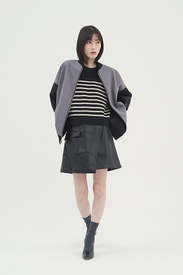 【NoraLily】Buttoned Collar Panel Border Sweater -BLK x IVO Border-