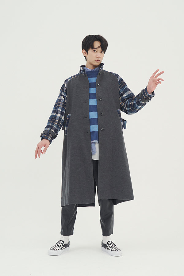 【NoraLily】Warm Stand Collar Coat with Color Scheme＜UNISEX＞<br>-CHARCOAL x WHT NVY Check-