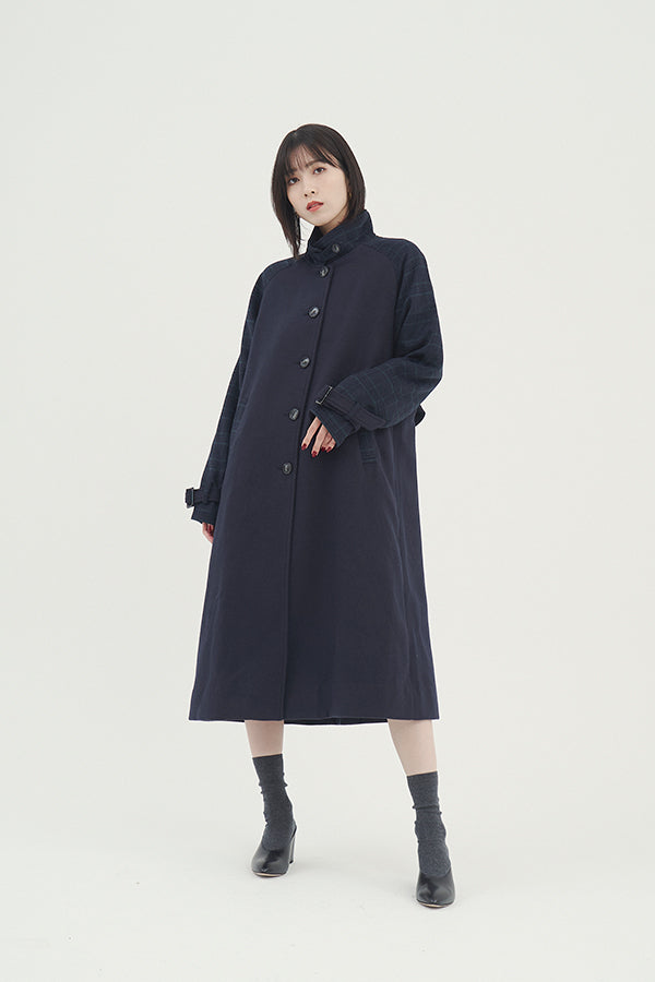 【NoraLily】Warm Stand Collar Coat with Color Scheme＜UNISEX＞<br>-NAVY x Navy Check-