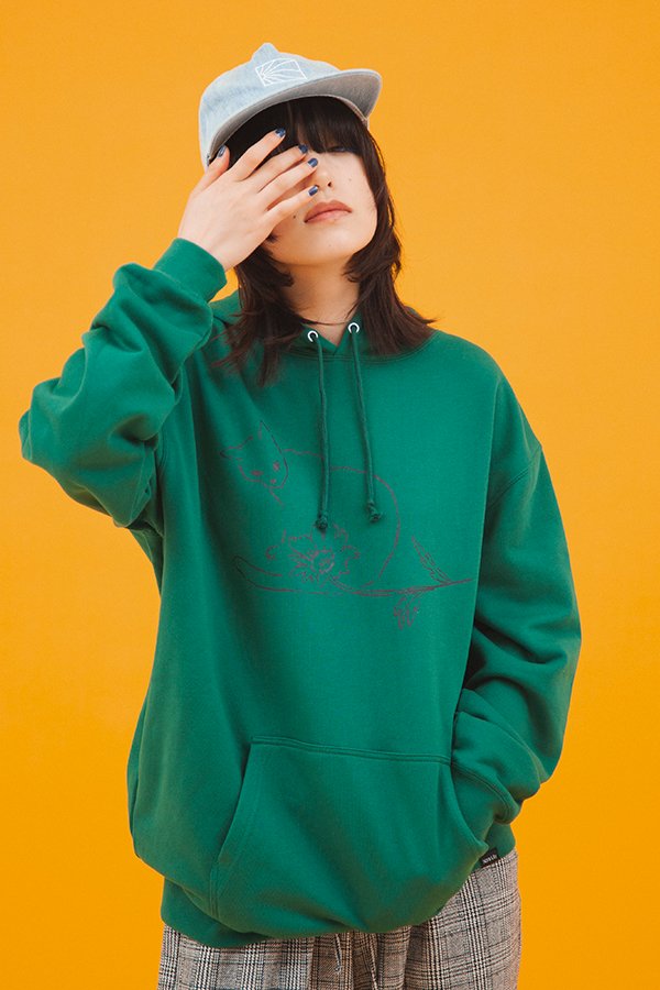 【NoraLily】Cat×Flower Print Hoodie -WHT/GRN/BLK- 3colors (UNISEX)