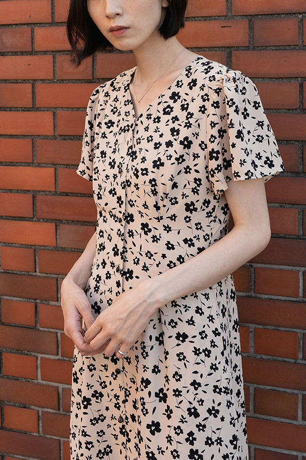 【Noralily】 Flower Pattern Tuck S/S One-piece -BEG.pt-