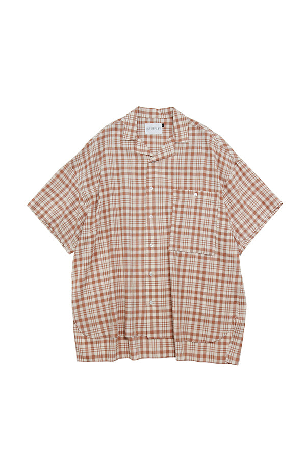 【INTERPLAY】Open Collar S/S Over size Shirt -BROWN Check- (UNISEX) 621380002-43