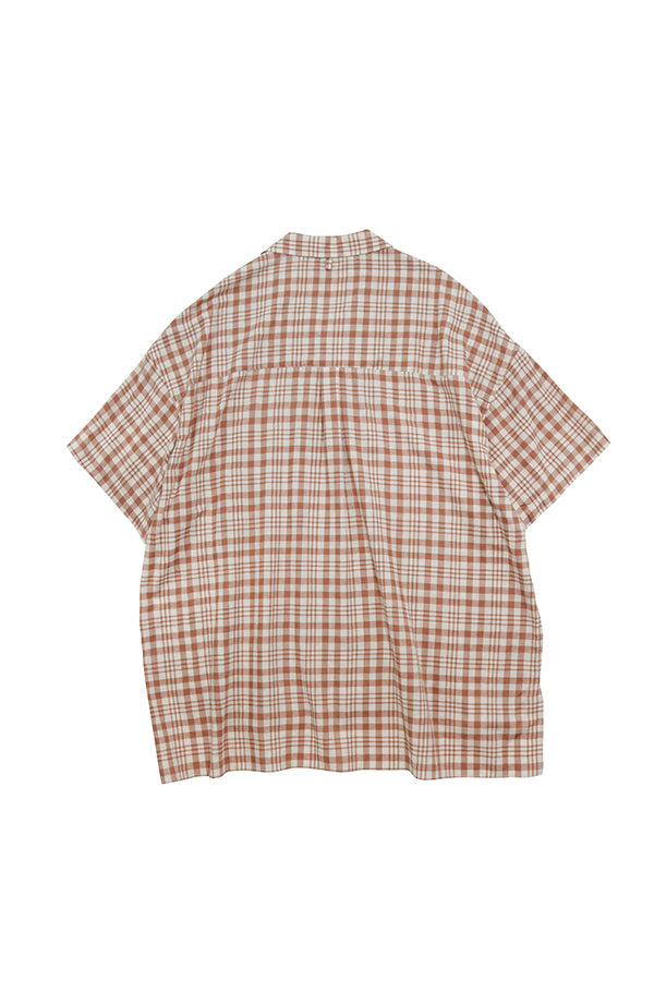 【INTERPLAY】Open Collar S/S Over size Shirt -BROWN Check- (UNISEX) 621380002-43