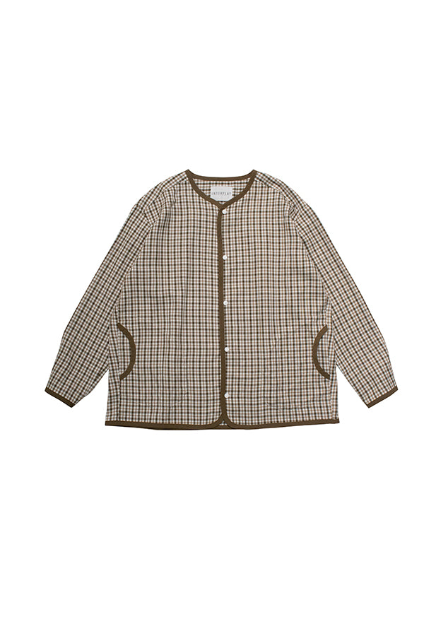 【INTERPLAY x AYUMI】 Snap button No Collar Shirt  -KHA x WHT Check- (UNISEX) 622580015-27