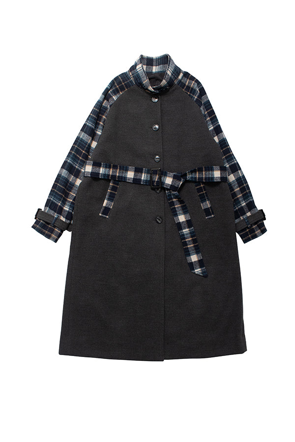 【NoraLily】Warm Stand Collar Coat with Color Scheme＜UNISEX＞<br>-CHARCOAL x WHT NVY Check-