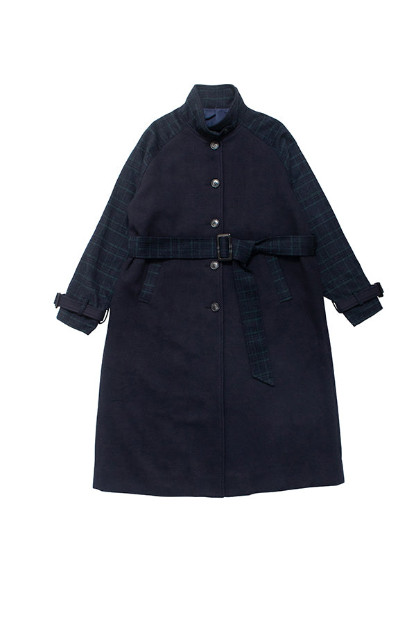 【NoraLily】Warm Stand Collar Coat with Color Scheme＜UNISEX＞<br>-NAVY x Navy Check-
