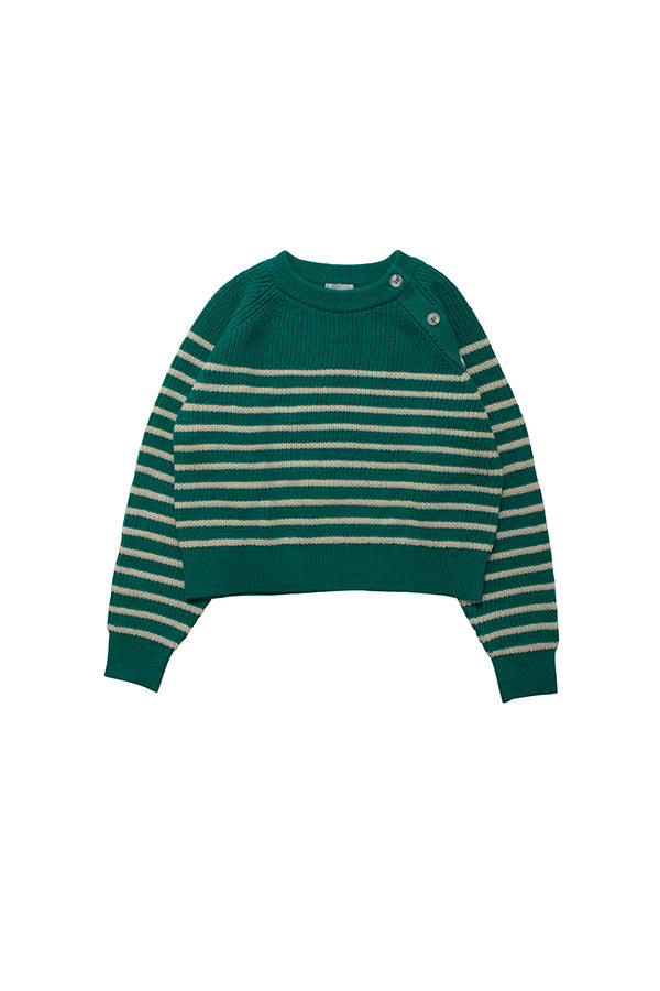 【NoraLily】Buttoned Collar Panel Border Sweater -GRN x IVO Border-