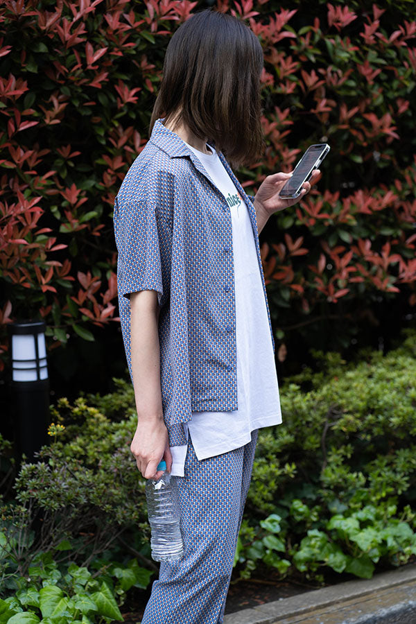 【NoraLily】Geometry Pattern Open Collar Shirt＜UNISEX＞Blue GRY pt