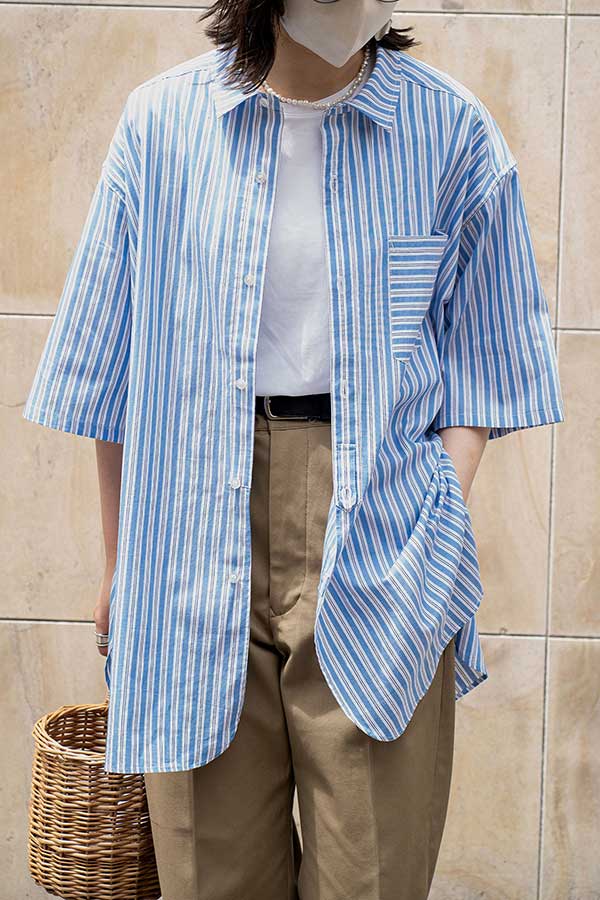【INTERPLAY x AYUMI】Stripe Over Size S/S Shirt  -BLUE stripe- (UNISEX) 622180008-92