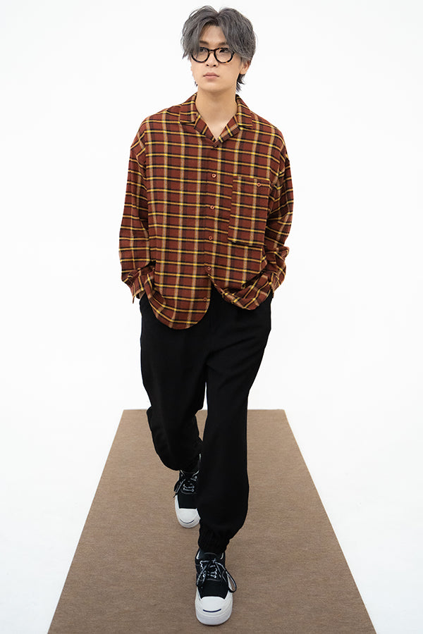 【INTERPLAY】Open Collar Over Size Shirt -Rose BROWN Check- (UNISEX) 622580012-43