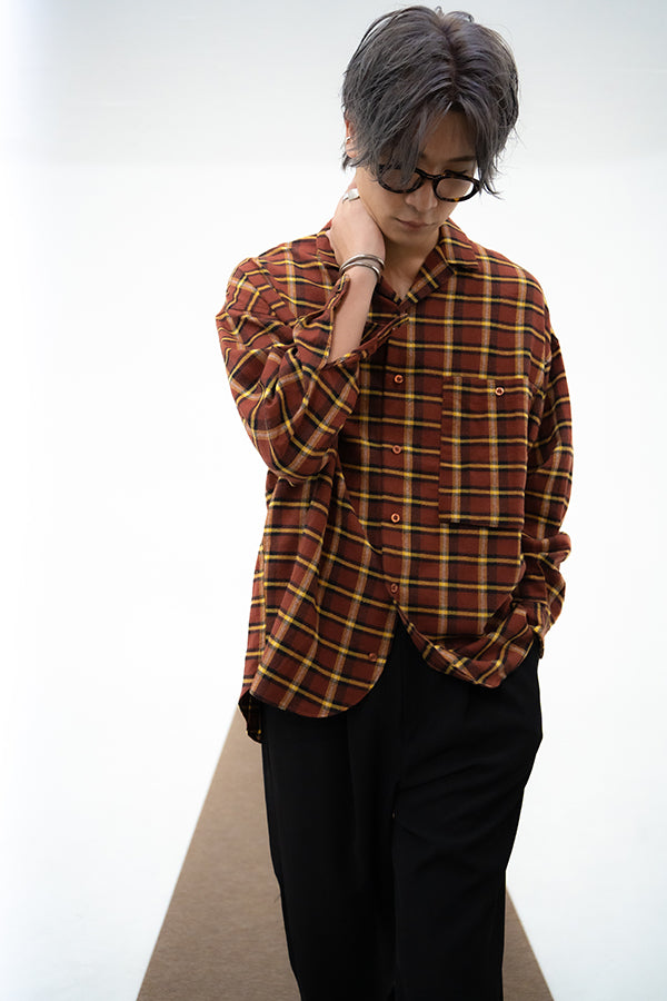 【INTERPLAY】Open Collar Over Size Shirt -Rose BROWN Check- (UNISEX) 622580012-43