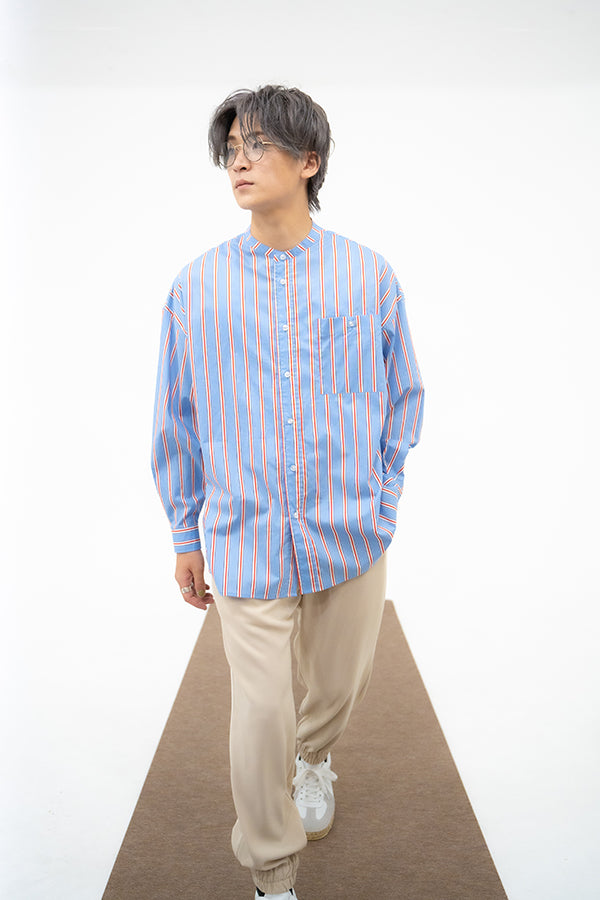 【INTERPLAY】Band Collar Shirt 2 -SAX Multi Stripe- (UNISEX) 622580013-91