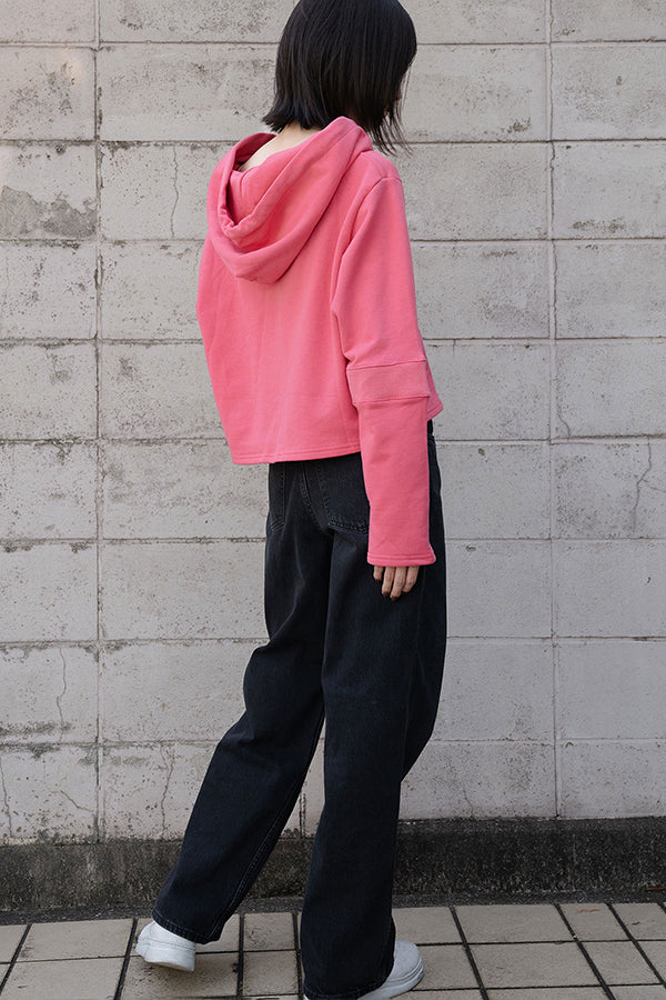 【NoraLily】Short Length Hoodie Switched with Ribs -Fuchsia PINK -