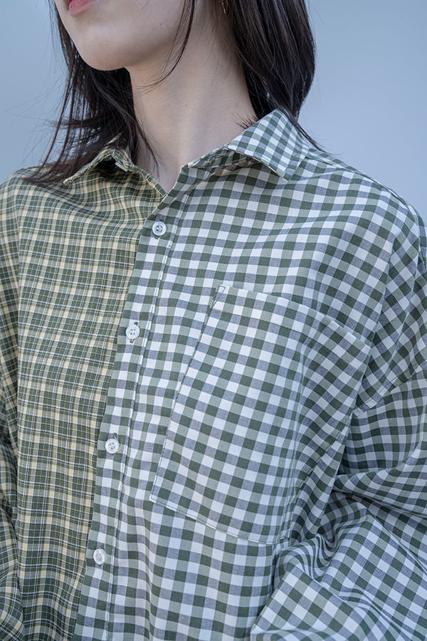 【NoraLily】Crazy Pattern Shirt ＜UNISEX＞ -GREEN Check Check -