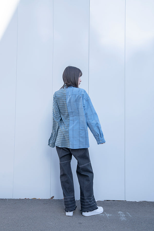 【NoraLily】Crazy Pattern Shirt ＜UNISEX＞ -BLUE Check -