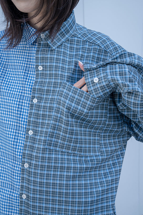 【NoraLily】Crazy Pattern Shirt ＜UNISEX＞ -BLUE Check -