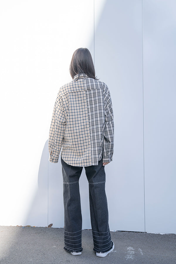 【NoraLily】Crazy Pattern Shirt ＜UNISEX＞ -GREY Check -