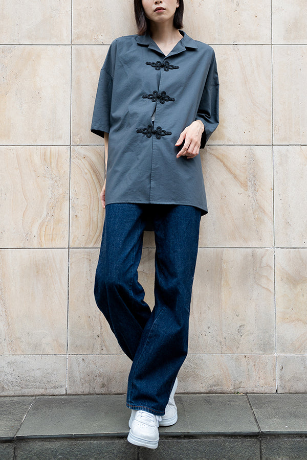 【NoraLily】China Open Collar S/S Shirt＜UNISEX＞ -C.GRY -